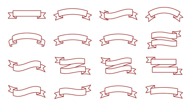 Collection presents sixteen unique ribbon banners in simple red line art style set against a clean white backdrop for web decoration.