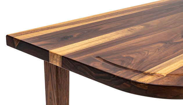 Close-up of a rich dark wood cutting board with a natural grain pattern and carved grooves, isolated on white