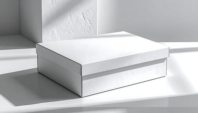 Clean white square gift box with lid casting soft shadows, minimalist product display for packaging mockups
