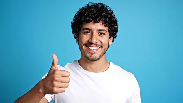 Portrait of a cheerful young man with dark curly hair and a short beard wearing a white t-shirt, smiling at the camera and giving a thumbs up sign against a solid bright blue background.