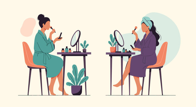 Two women in robes sitting at their respective vanity tables applying makeup in a split screen vector illustration.