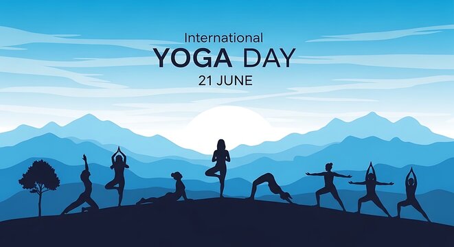 International yoga day illustration people practicing yoga silhouettes against mountain landscape june 21st