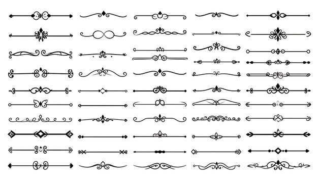 Collection of decorative ornamental dividers and borders, ornate scrollwork elements, vintage line separators, elegant flourishes for design