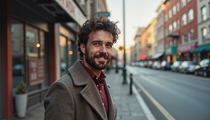 Fototapeta premium Smiling man standing on a city street during golden hour 