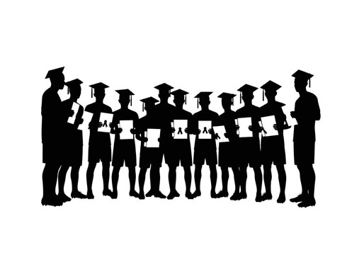 Group of students in graduation robes holding diplomas silhouette with graduation students silhouette academic commencement education university ceremony learning