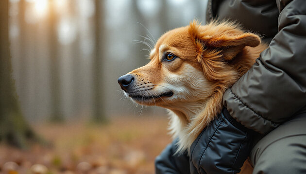 Dog sitting calmly beside owner in forest during autumn evening  