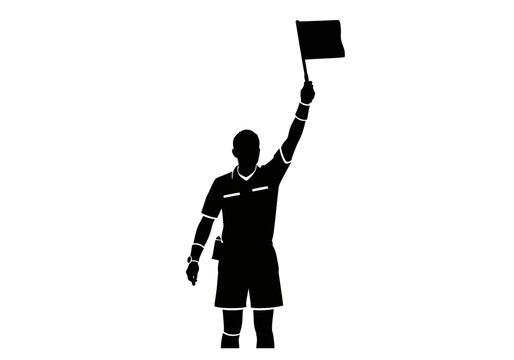 Soccer assistant referee holding up offside flag silhouette icon with football assistant official silhouette decision authority competition illustration isolated