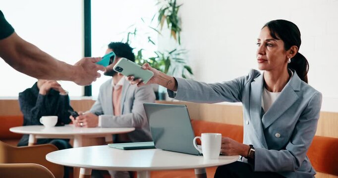 Woman, phone and pos machine with remote work at cafe with laptop, order or paperless transaction. Person, computer and freelance job with thanks, easy payment or fintech app for drink at coffee shop