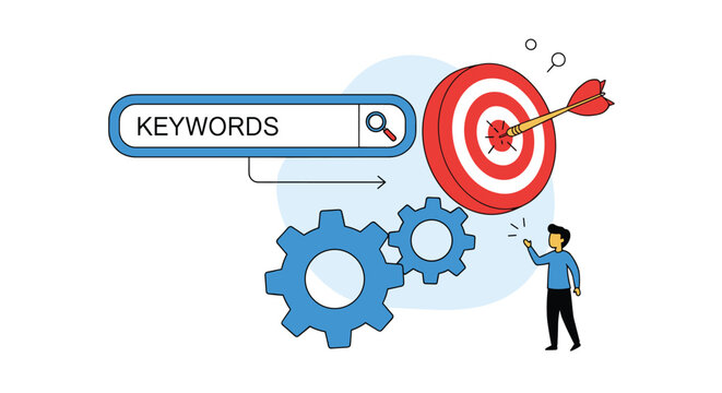 Digital marketing concept showing a search engine bar for keywords next to a target and gears with a small person.