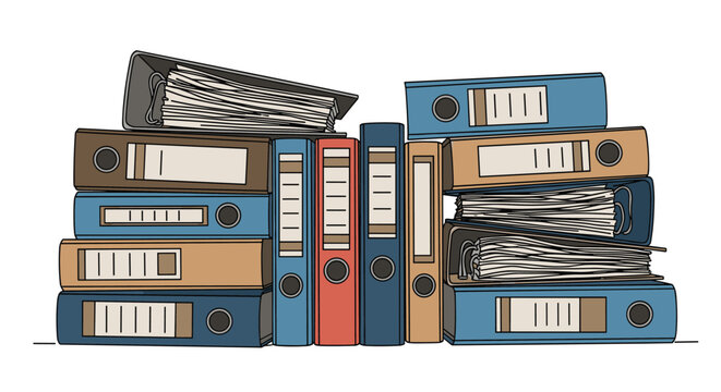 Large collection of colorful office ring binders and folders full of documents stacked on a shelf for organization.