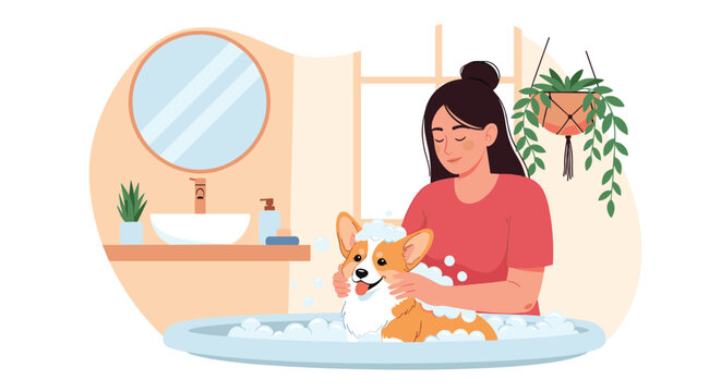 Caring woman giving a bath to her cute corgi dog in a small blue tub with bubbles in a modern indoor bathroom setting.