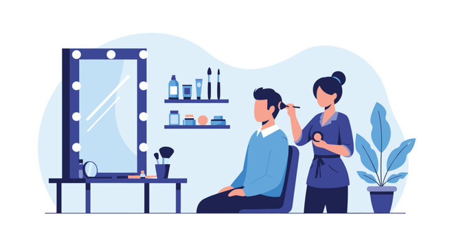 Professional makeup artist applying cosmetics to a man sitting in a studio in front of a large lighted mirror with beauty products on shelves.