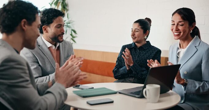 Clapping, meeting and people in cafe with laptop for business success, sales or revenue growth. Group, investor and celebration for online results, target or goal with b2b achievement in coffee shop