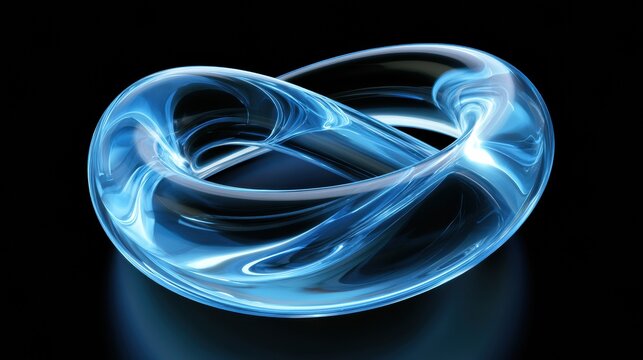 A luminous glass object represents a Klein bottle in a four-dimensional design, showcasing self-intersecting topology and internal reflections.