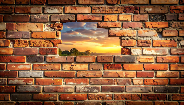 Broken brick wall with a window opening to a beautiful sunset sky and distant trees, symbolizing hope and new beginnings