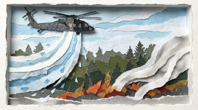 Helicopter dropping water to extinguish forest fire in illustration  