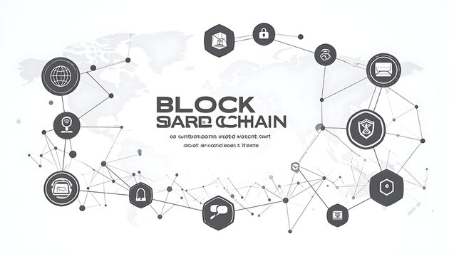Blockchain network structure with interconnected icons representing data security and digital transactions on world map background, technology concept