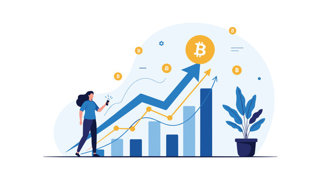 Young woman analyzing financial markets and cryptocurrency growth with bitcoin icons and rising bar charts on a digital screen.