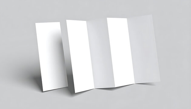 Blank four panel brochure or leaflet standing on a grey surface, ready for graphic design mockup or presentation
