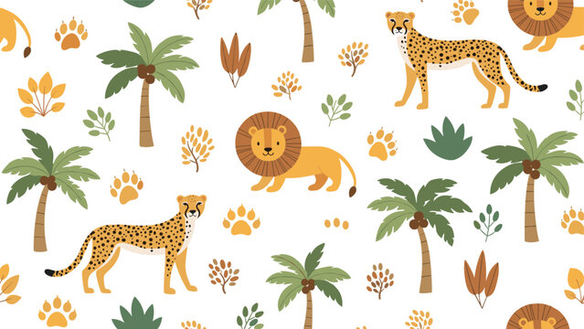 Cute jungle animal seamless pattern for children with cartoon lions cheetahs palm trees and animal footprints on white.