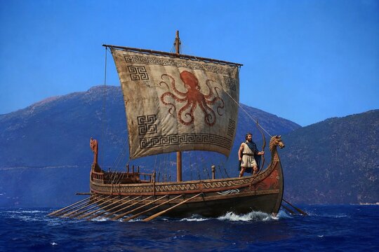 The ancient Greek hero Ulysses, in a boat near his home island, Ithaca, in Greece