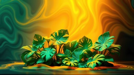 Fototapeta premium Lush monstera plants thrive, vibrant green foliage contrasts warm orange, teal background. Dramatic lighting creates surreal atmosphere.