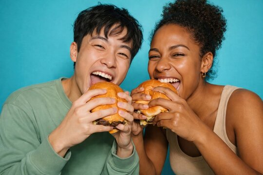 Joyful friends enjoying burgers