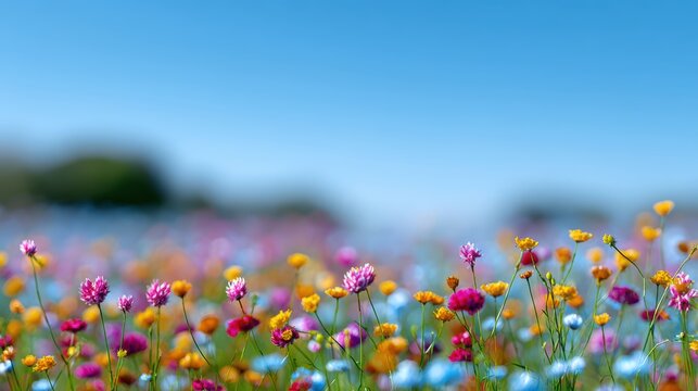 global diversity art, a symbolic portrayal of global population a vast field of billion colorful wildflowers, each a unique species and color, under a clear blue sky