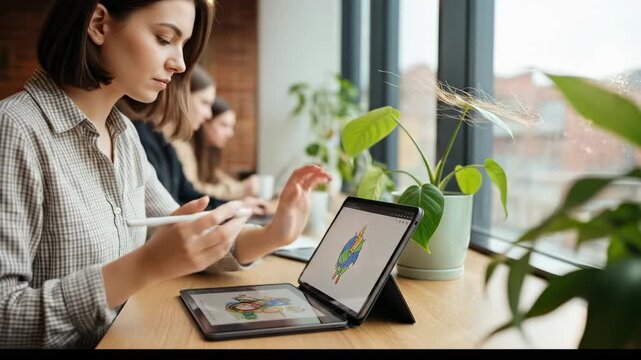 Woman using tablet at window