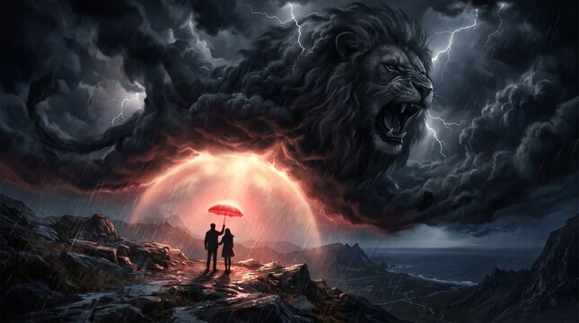 Surreal Umbrella Beneath Storm Colossal Dark Cloud Lion Shape Tiny Silhouettes Glowing Red Radiant Light Concept Art