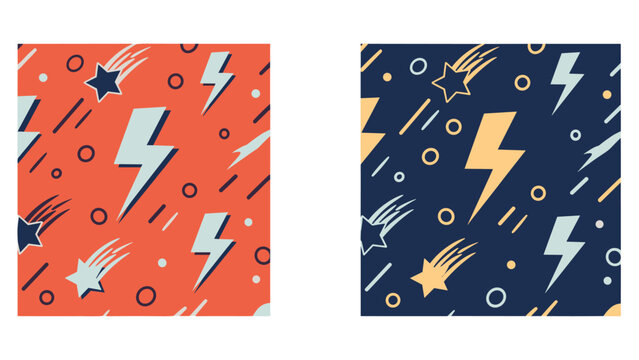 Two variants of dynamic seamless patterns with lightning bolts shooting stars and circles in orange and dark blue color schemes for energetic design.