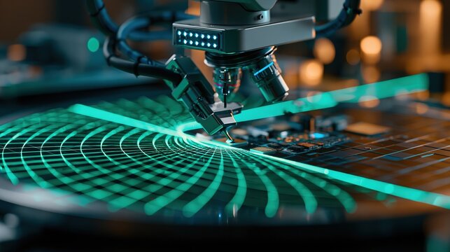 Microscope Revealing Circuitry Details in Green Light