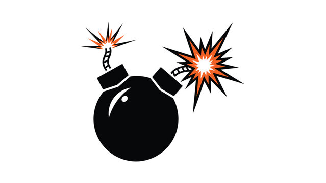 Classic round black cartoon bomb with two fuses lit and ready to explode with orange sparks on a white background.