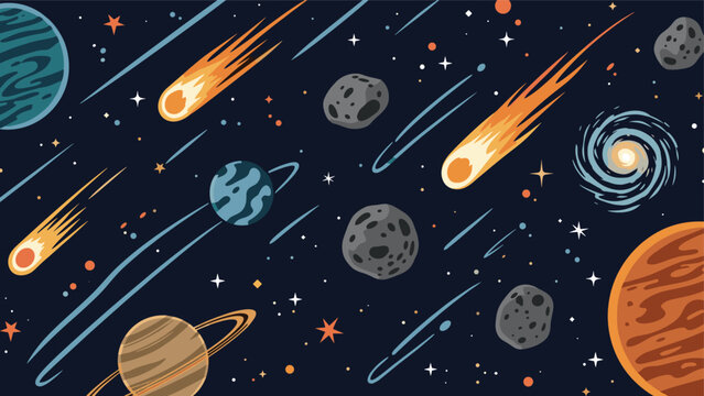 Vast outer space scene filled with colorful planets, glowing meteors with long tails, rocky asteroids, and distant swirling galaxies.