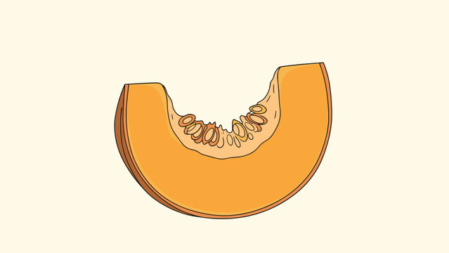 Juicy slice of orange cantaloupe or muskmelon showing the internal seeds and texture on a light cream colored background.