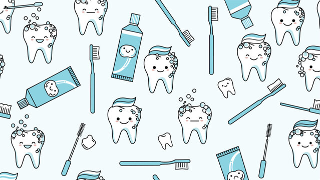 Fun dental health pattern with happy tooth characters, blue toothbrushes, and tubes of toothpaste on a light blue background.