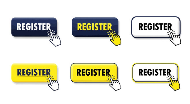 Set of register buttons in different colors and styles