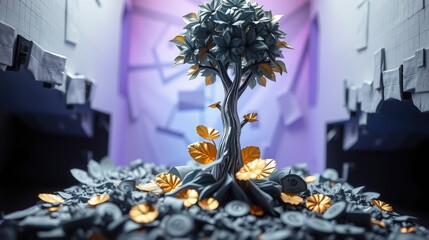 Fototapeta premium Stylized tree grows amid coins, geometric backdrop creates surreal scene. Minimalist design, cool tones dominate composition.