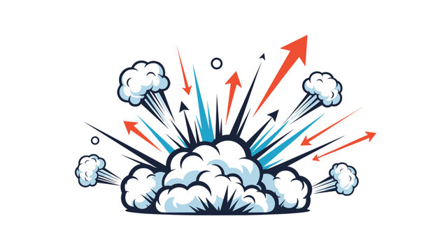 Dynamic comic style explosion with thick white smoke clouds and colorful arrows shooting out in different directions against white background.