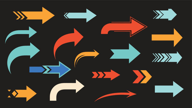 Set of different styled colorful arrows pointing right on black background including curved straight and chevron designs for navigation and UI.
