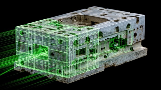 Green laser scanning an industrial component.