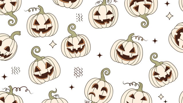 Spooky seamless Halloween pattern featuring carved jack o lanterns with different expressions and stars on white background for holiday decor.
