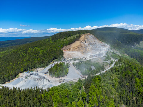 A stone quarry on a mountain seen from above