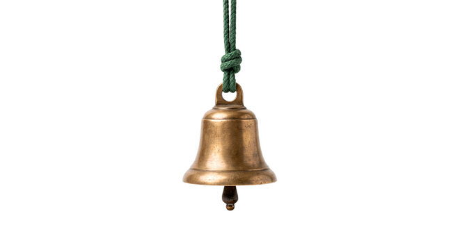 Antique Brass Hand Bell With Green Rope Isolated on White Background