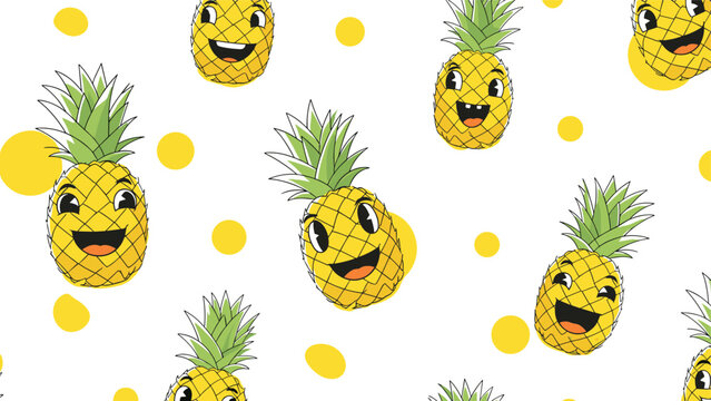 Happy smiling pineapple cartoon characters in a seamless pattern with yellow dots on a clean white background.