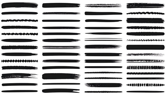 Collection of diverse black ink brush stroke textures and lines, conveying artistic imperfection and dynamic energy