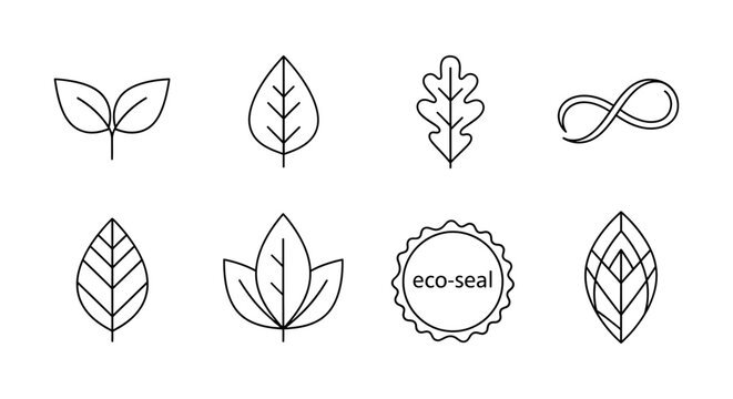 Eco friendly leaf icons and infinity symbol for sustainable design and eco seal certification