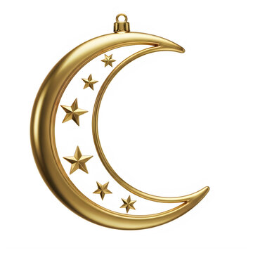 Golden crescent moon and stars hanging ornament on a transparent background, islamic decoration.