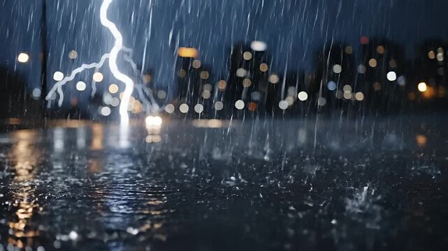 Dramatic Cityscape During Intense Thunderstorm with Lightning Strike.