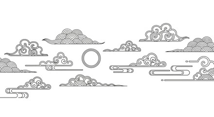 Traditional Chinese auspicious cloud patterns and sun line art vector illustration. © kabeh slamet